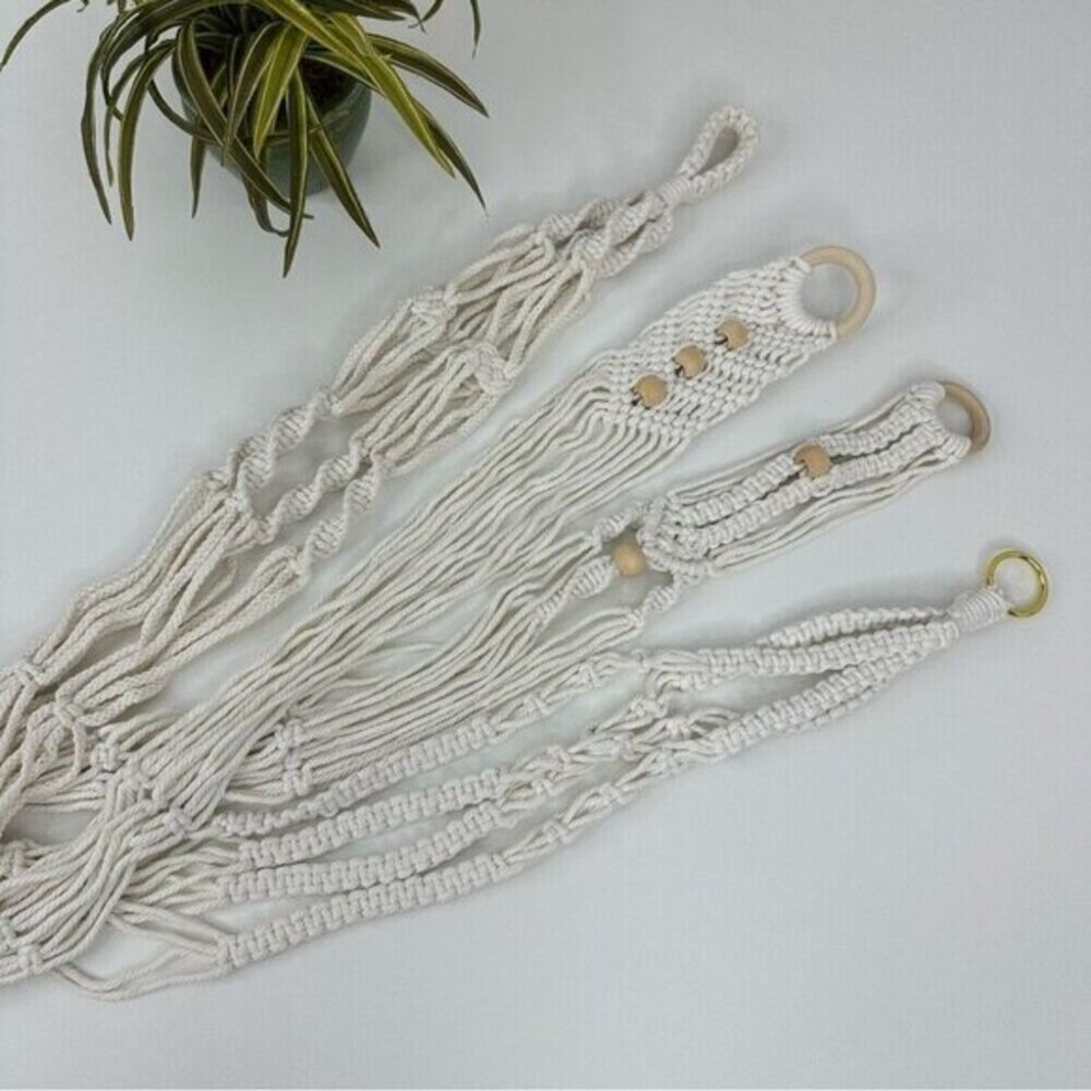 Lot of 4 Macrame Plant Hangers‎ Off White Cotton Boho Beaded Indoor Outdoor NEW